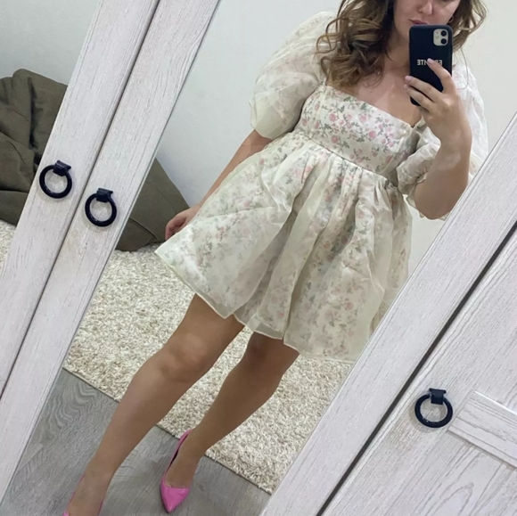 Reversible Floral Organza Babydoll Puff Dress - Picture 4 of 16